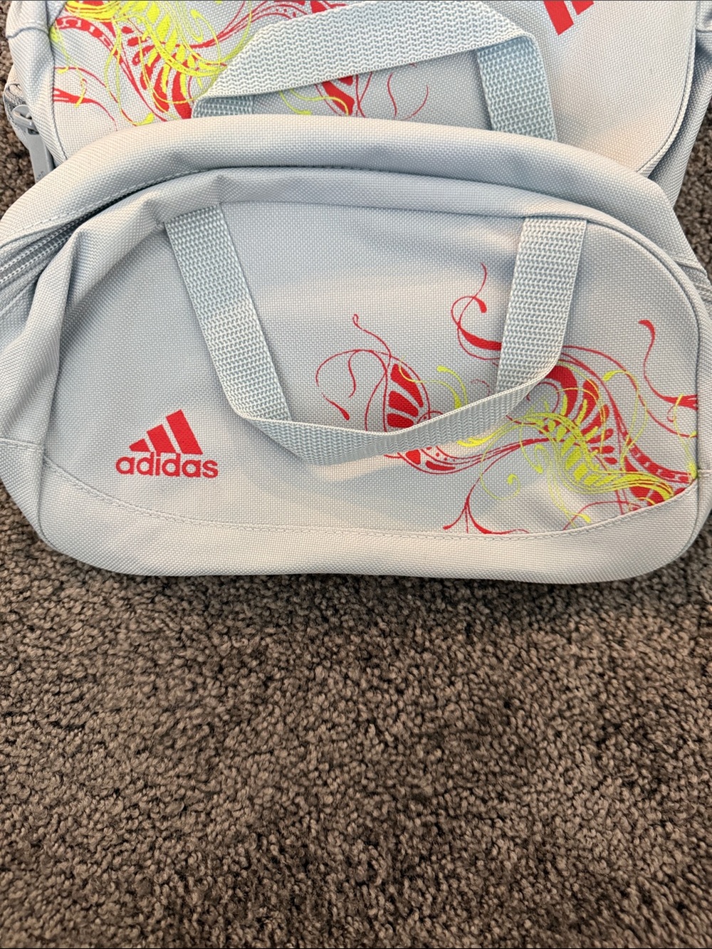 adidas Light Gray Mini Duffel with Red Logo and Neon Accent